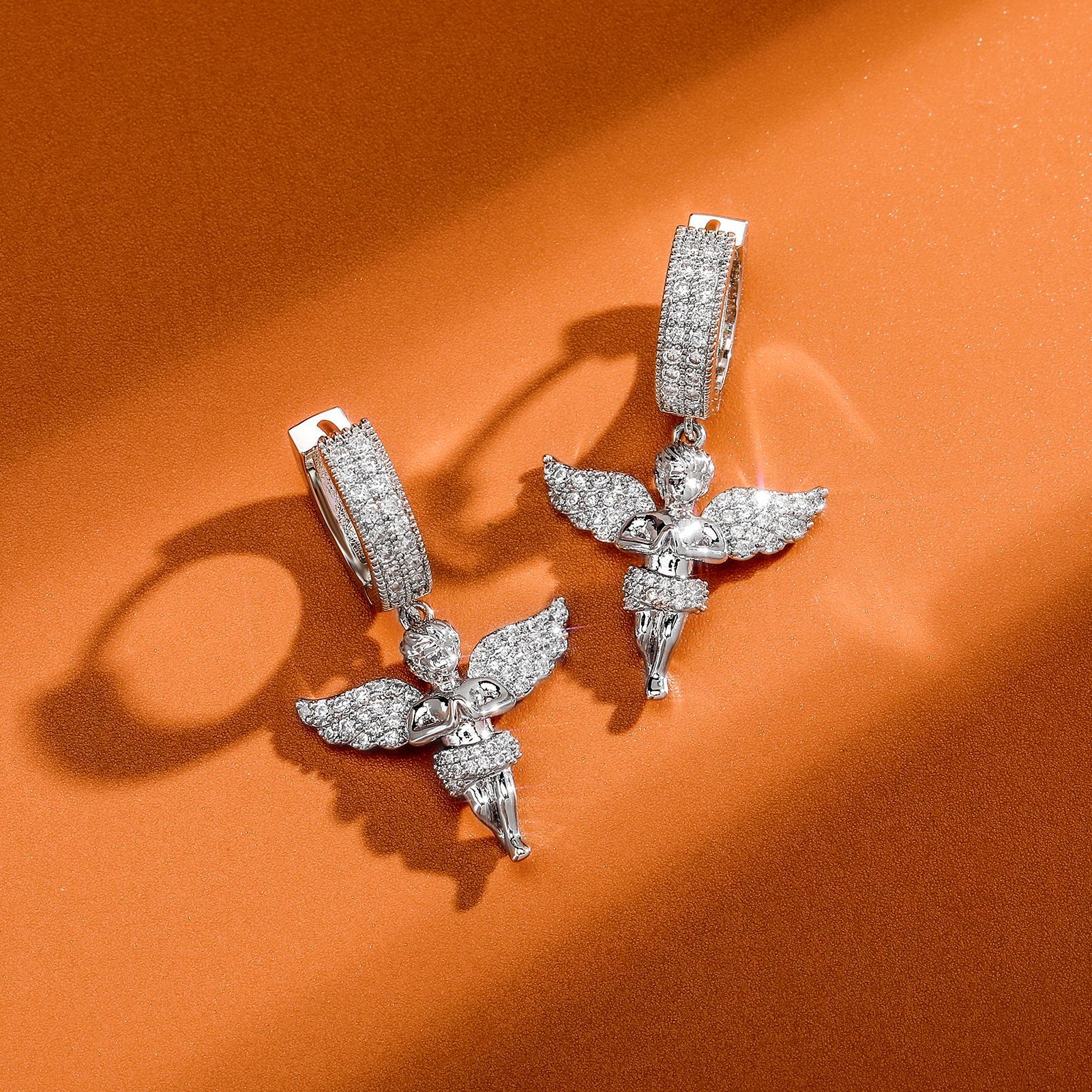 Charm Hip Hop Charm Angel Hoop Earrings 5A Zircon 14K Gold Plated Jewelry Gift