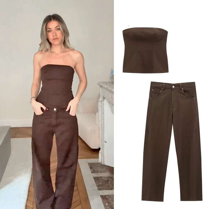 TRAF Brown Denim Women's 2025 Spring 2 Pieces Outfit Corset Tops Wide Leg Pants Fashion Elegant Trousers Set