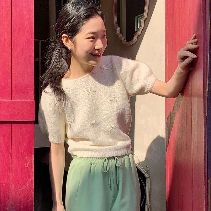 Ddmyshoesvip Sweater Short Sleeve Casual Lady Round Neck Loose Fit Top Women S Knitted Bowknot T Shirt