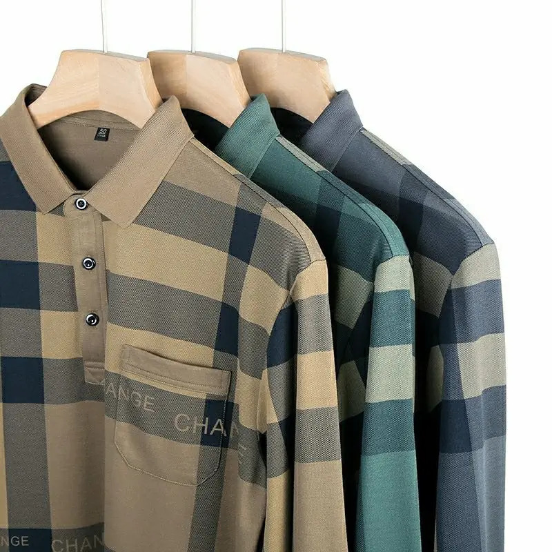 Mens striped plain retro polo shirt spring and autumn long sleeved business mens basic pocket casual loose top 250326