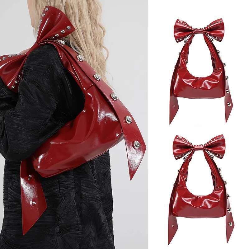Bow Rivet Tote Red Black Motorcycle Y2k Punk Four Seasons Sexy Hot Girl Bag PU Shoulder Bags Zipper Crossbody Handbag