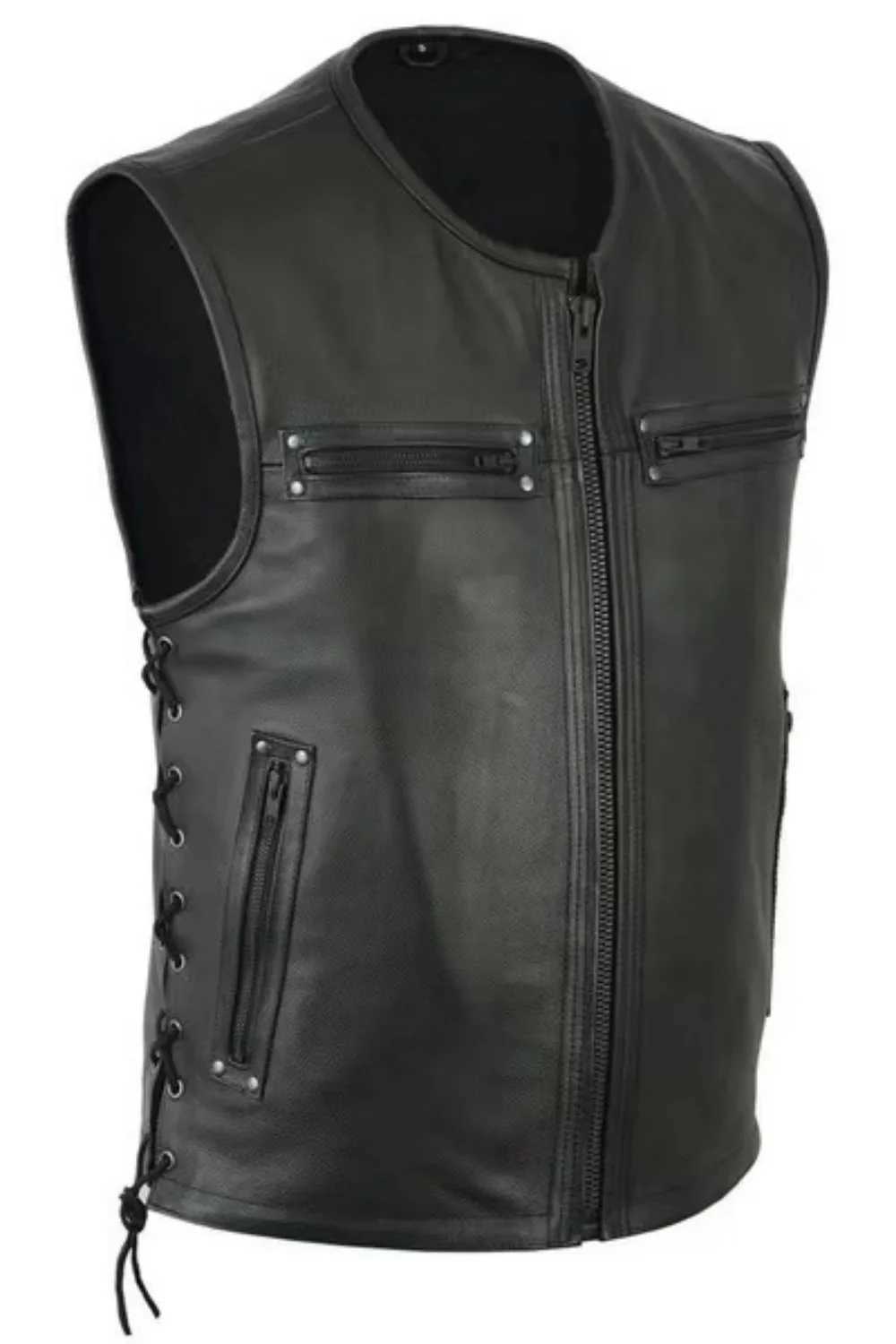 New Arrival new solid color mens motorcycle vest stand collar PU leather vest jacket team punk sleeves top mens large size 5XL Z250326