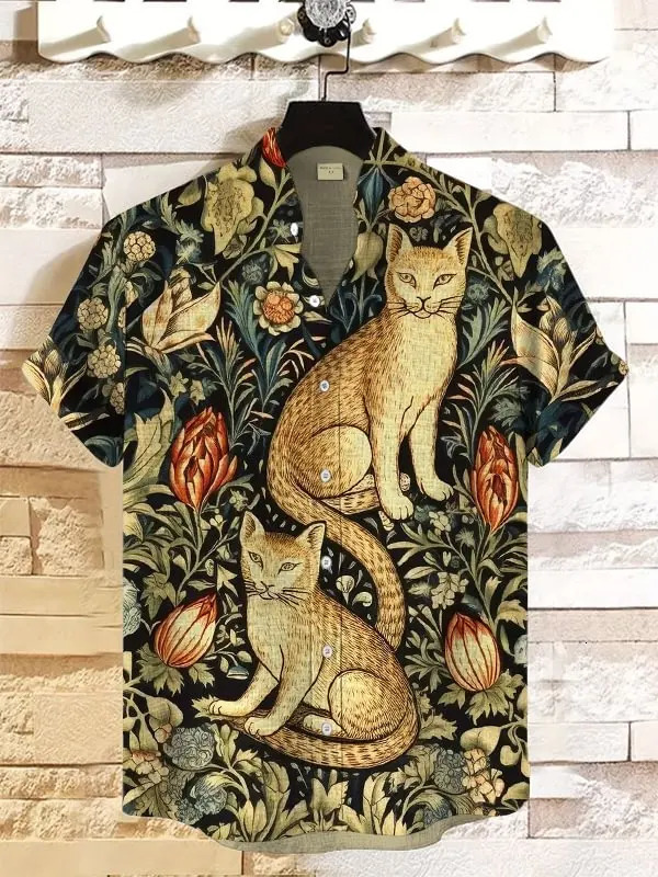 2025 linen comfortable fabric Asian style retro pattern printed mens short sleeved shirt casual wear button top 250325
