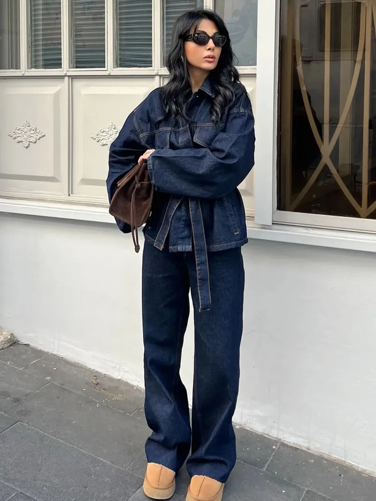 RARA 2025 Women's Long Sleeve Denim Belted Jacket Paired with Matching Wide Leg Pants Fashion Set for Stylish Look 250325