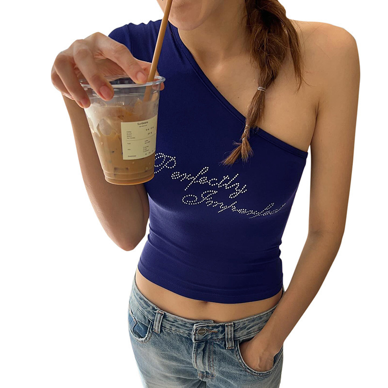 2025S Fashion Designer Y TP Women S Summer New Style Single Shoulder Slant Neck Exposed Umbilical Sexy Hot Diamond T Shirt Top