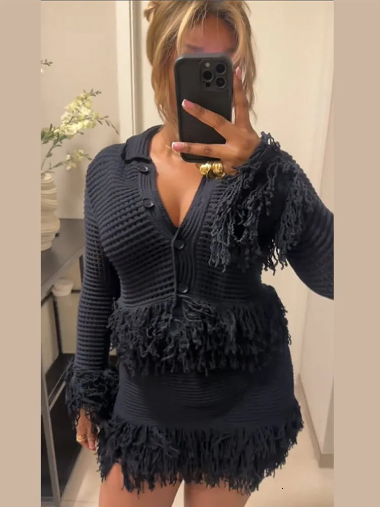 Knit Tassel Cardigan Mini Skirt Set Women Casual Singlebreasted Sweater Aline Spring Lady Suit Outfits 250318