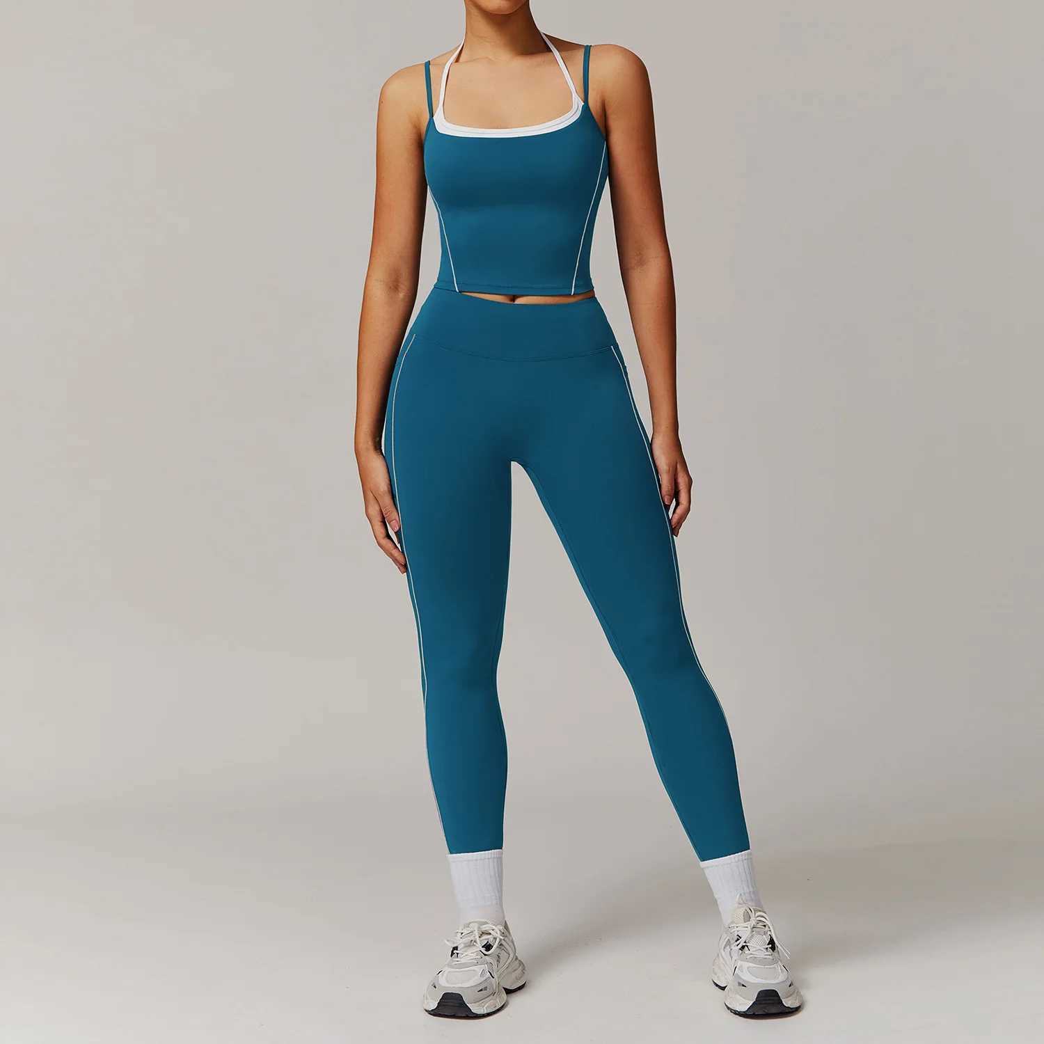 2PCS Womens Yoga Set Gym Fitness Training Track Yoga Sportswear Flared Trouser and Thin Shoulder Strap Stretching Sports Bra W250326