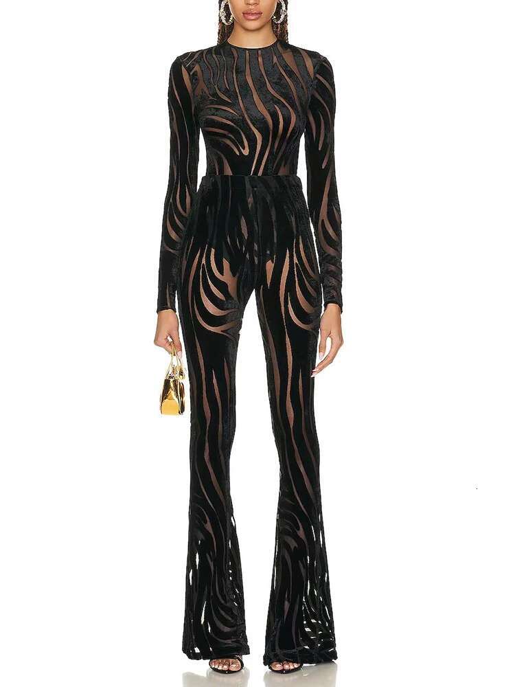 HIGH STREET Newest 2024 Designer Runway Set Women's Elastic Perspective Emed Veet Playsuit Tops Flare Pants Suit 2pcs