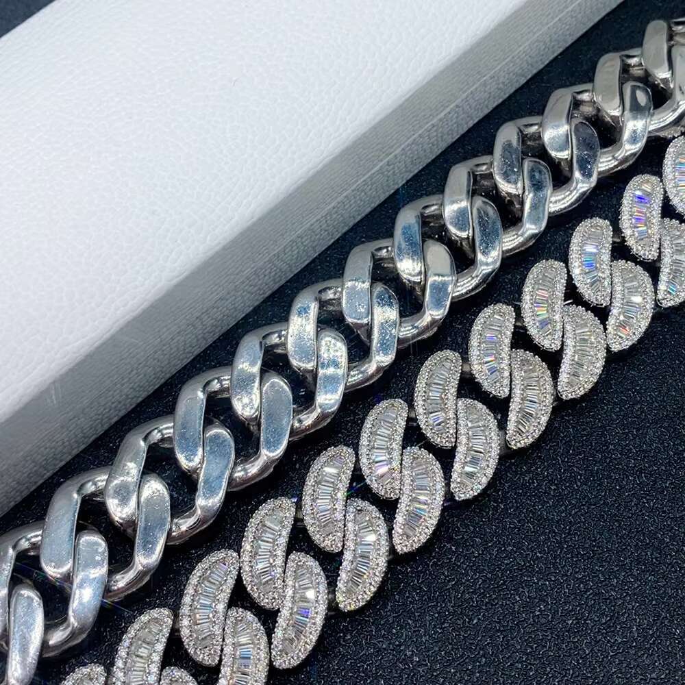 20mm Hip Hop Jewelry Baguette Pass Diamond Tester VVS Moissanite Cuban Link Chain Sterling Silver 925