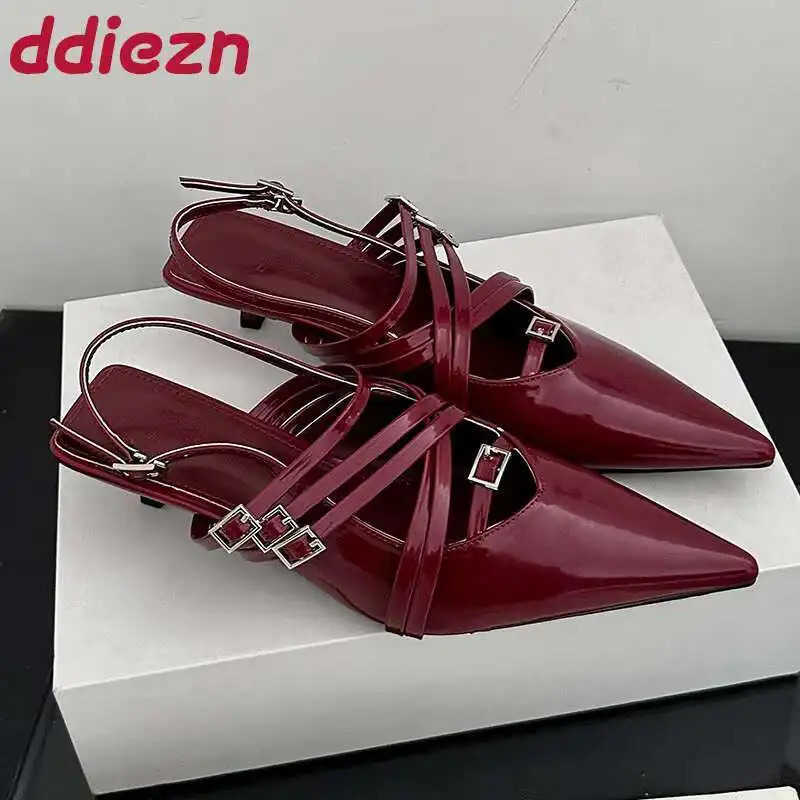 Red Fem Pointed Toe Footwear Sexy Par Ladies Heeled Sandals Shoes Fashion Buckle Strap Wen Low Heel Sandals Shoes Z250326