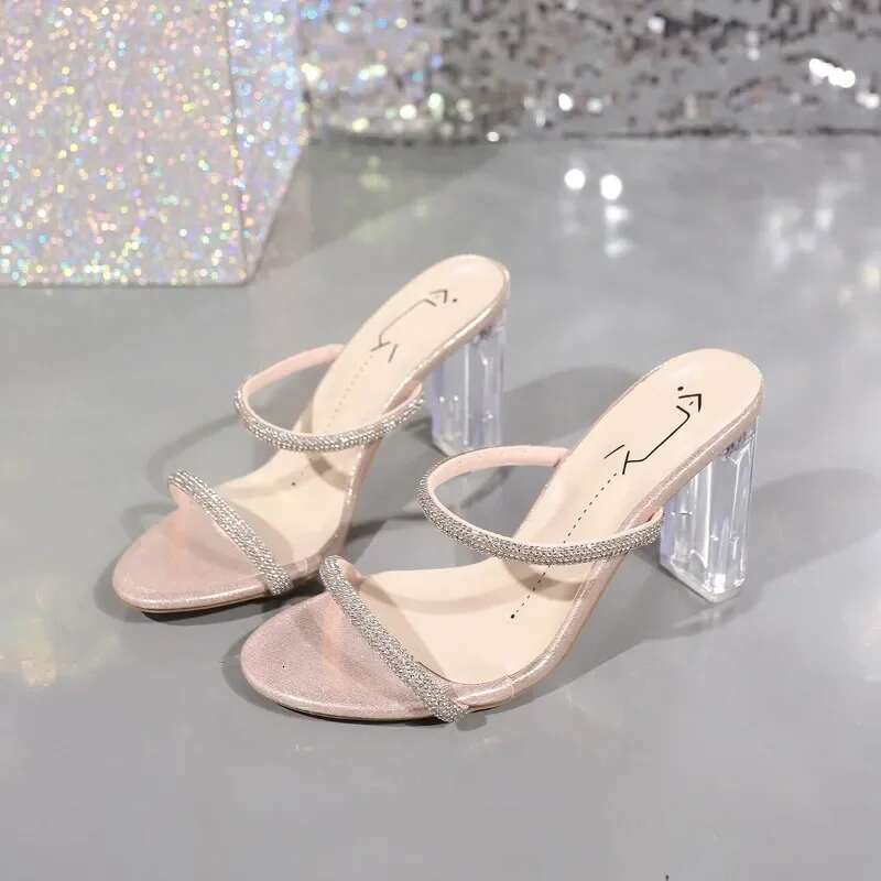 Women's 2024 Summer New Fashion Open Toed Rhie High Slippers Female Transparent Heel Shoes For Women Atos