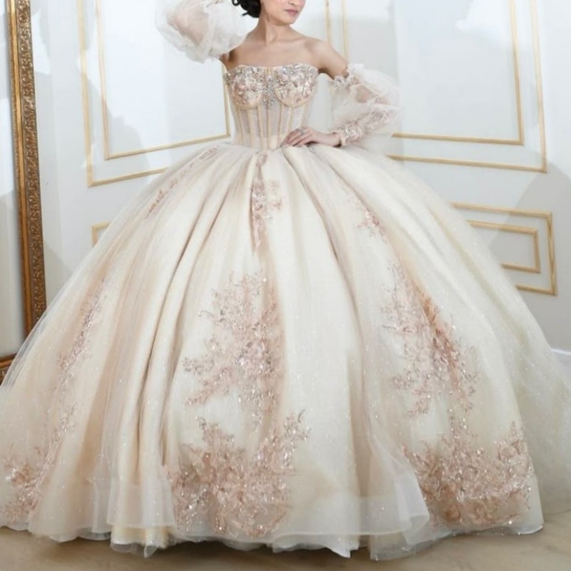 Light Champagne Shiny Quinceanera Dresses Off Shoulder Ball Gown Sweet 16 Dress Beads Appliques Birthday Party Vestidos De 15 Anos