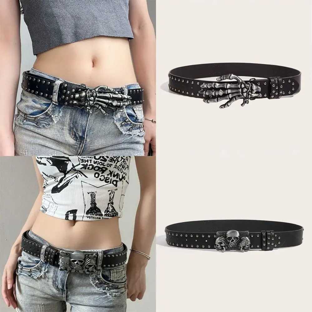 Punk Skull with Harajuku Gothic Leather Y2K Rivet Belt Skeleton Adjustable Hand Decoration Belt Mens and Girls Leather Belt Neutral Style W250326
