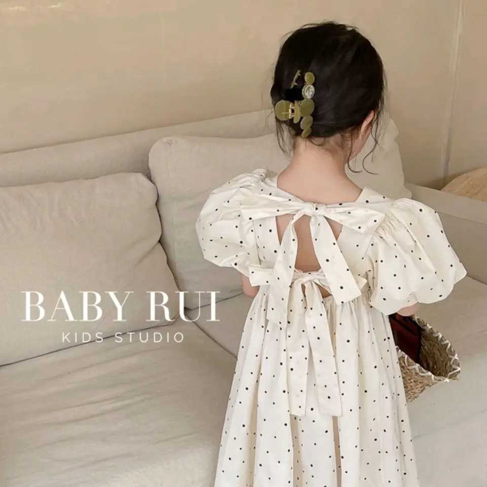 Girls Korean version polka dot backless dress 2025 summer set new baby bubble sleeve princess dress trend W250326