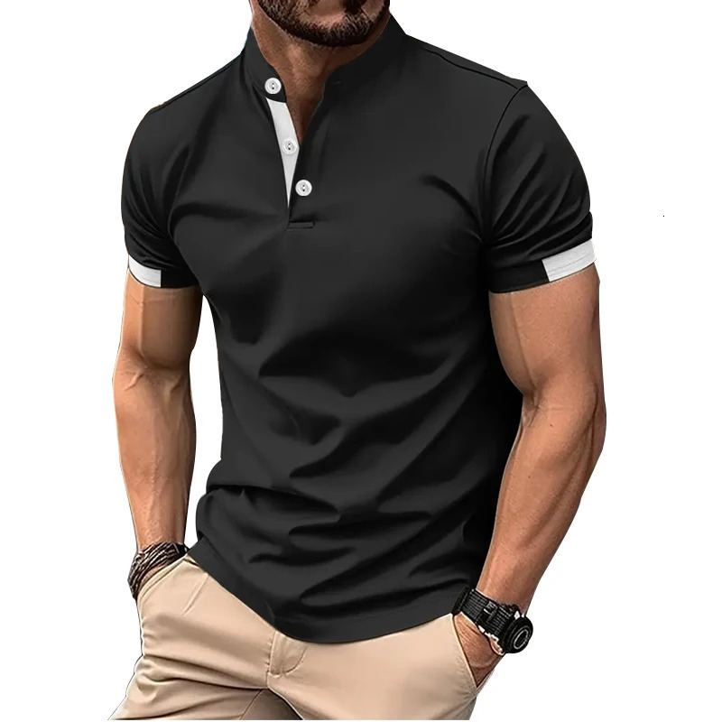 Mens spring and summer short sleeved printed polo shirt fashionable casual stand up collar 100 polyester quick drying top 250326
