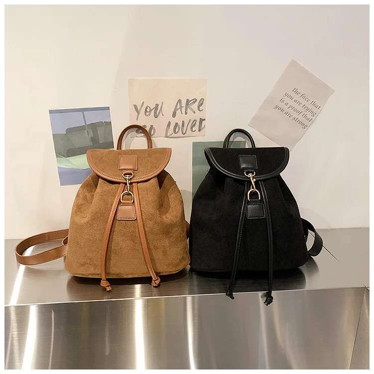 Fashion Students Suede 2023 Vintage Women Veet Leather Backpack Portable Drawstring Handbag