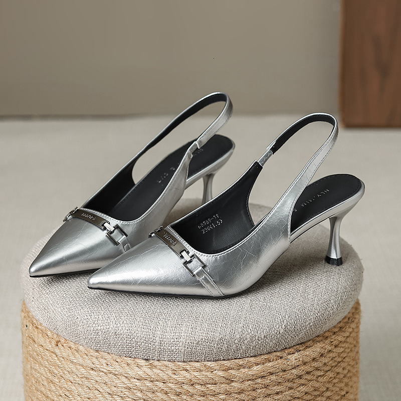 Low profile design, shallow mouth, medium heeled sandals, women's metal buckle, pointed high slim heels, and single toe shoes G6589-11