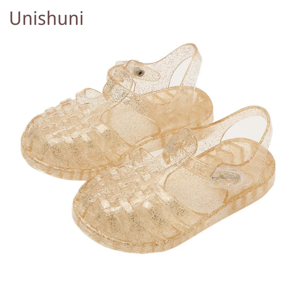 Unishuni Girls Jelly Sandal Kids Bling Glossy Plastic Summer Shoe Durable Quick Dry Close Toe Beach Slipper Sandal for Girls 250326