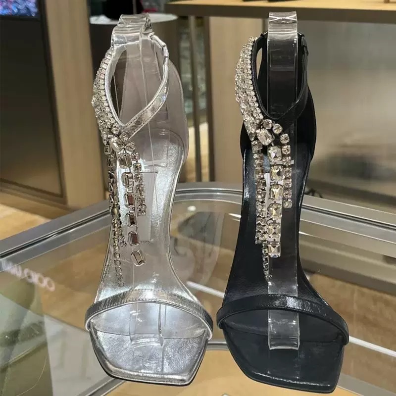 JC's same style square high-heeled shoes with a straight strap, 2025 summer new silver crystal chain open toe sandals, women's thick heel