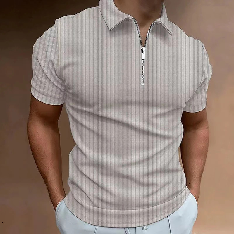 Hommes zip raye polo couleur unie t shirt manches courtes chemise Casual Slim Summer jogging Fitness 250324