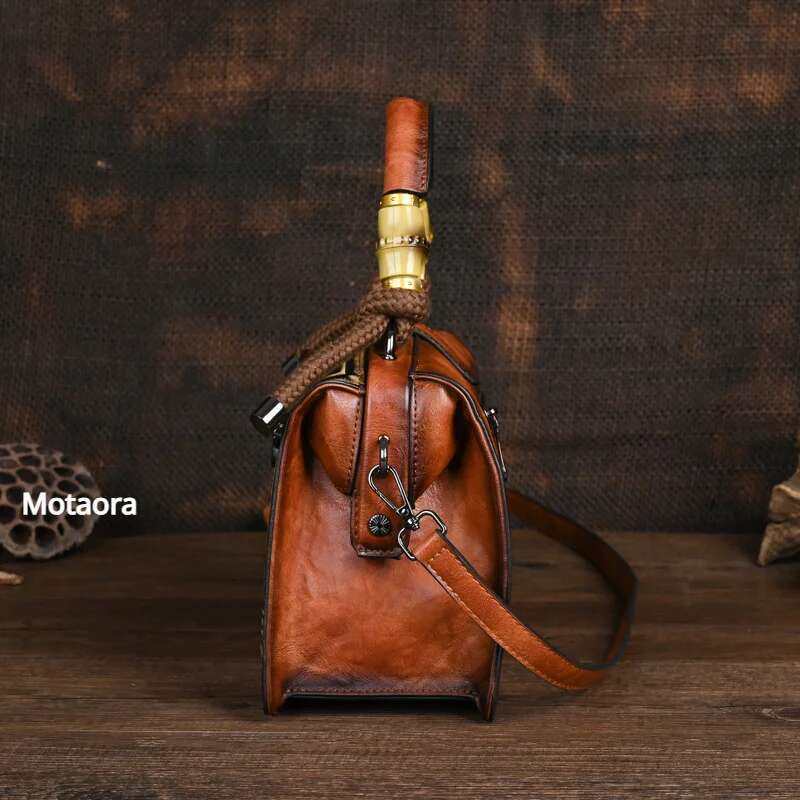 Motaora New Emed Shoulder Bag For Women's 2025 Vintage Handmade Handbag Female PU Leather Big Capacity Crossbody Bags Purse