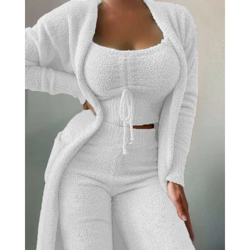 Women 3 Piece Homewear Autumn Winter Teddy Veet Crop Top Cardigan Coat + Pants Suit gerie Set Loungewear Outfits