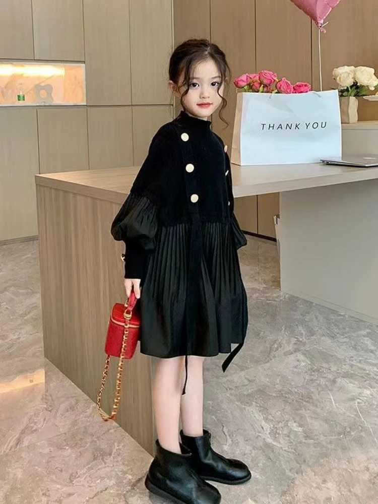 2024 Spring/Summer New Girls Dress Childrens Clothing Black Design Splicing Knitted Folded Dress W250326