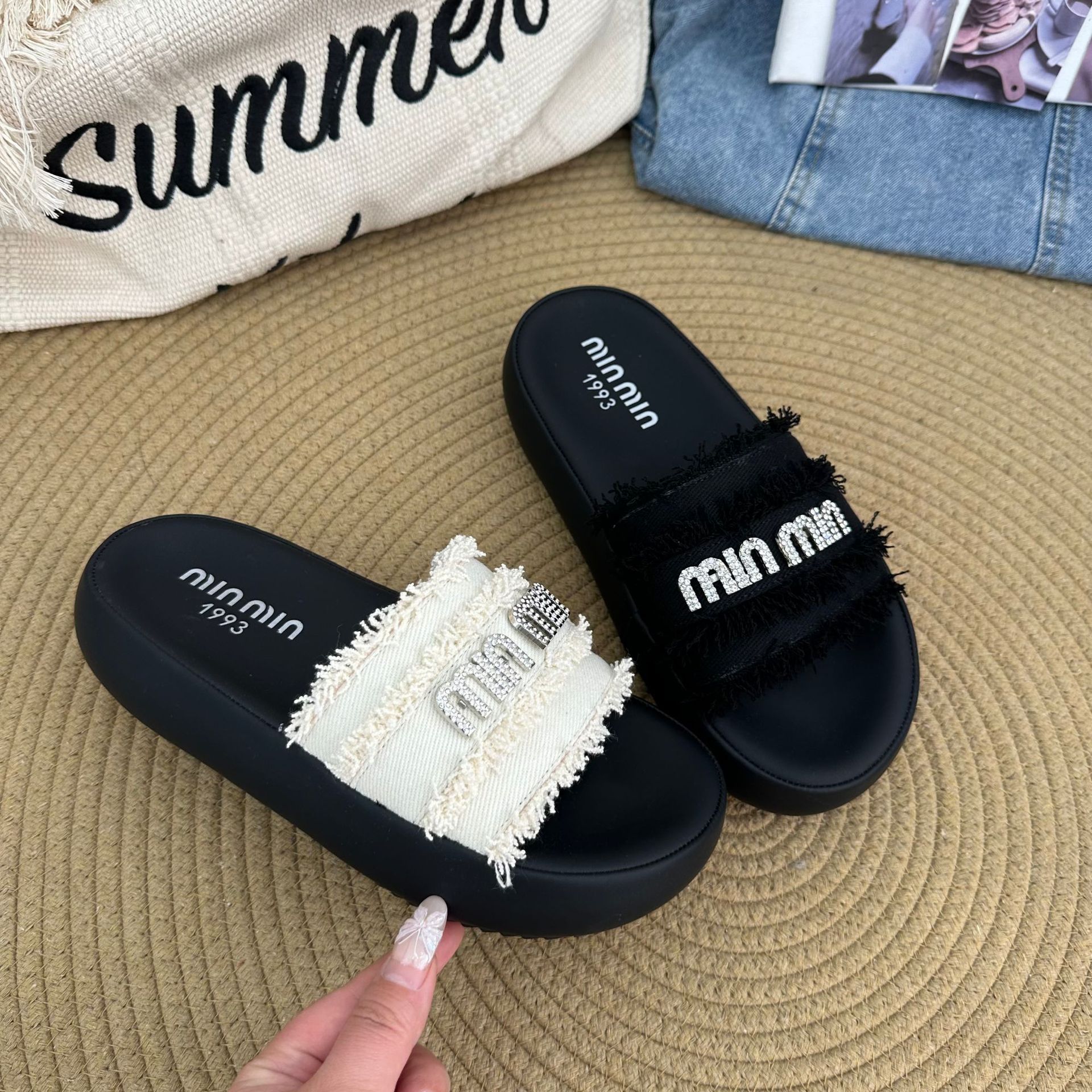 Silver button letter cloth flip-flops women 2024 new summer wear beach half-drag step on poo feeling thick sole flip-flops