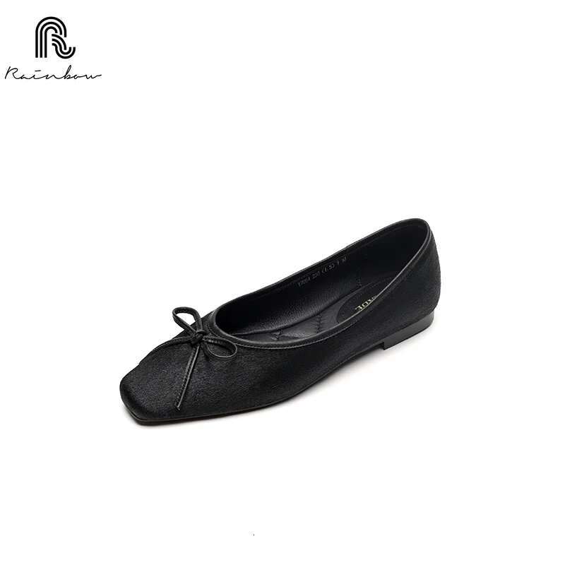 RAINBOW Size 34-43 New Spring Autumn Women Pumps Square Toe Chunky Horsehair Leopard Shoes Concise Flats Comfortable Black Soft
