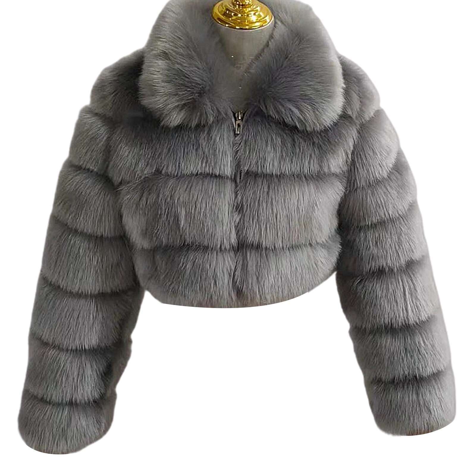 Loose Women Winter Thick Turn Down Collar Long Sleeve Zipper Faux Fur Slim Short Jacket Coat