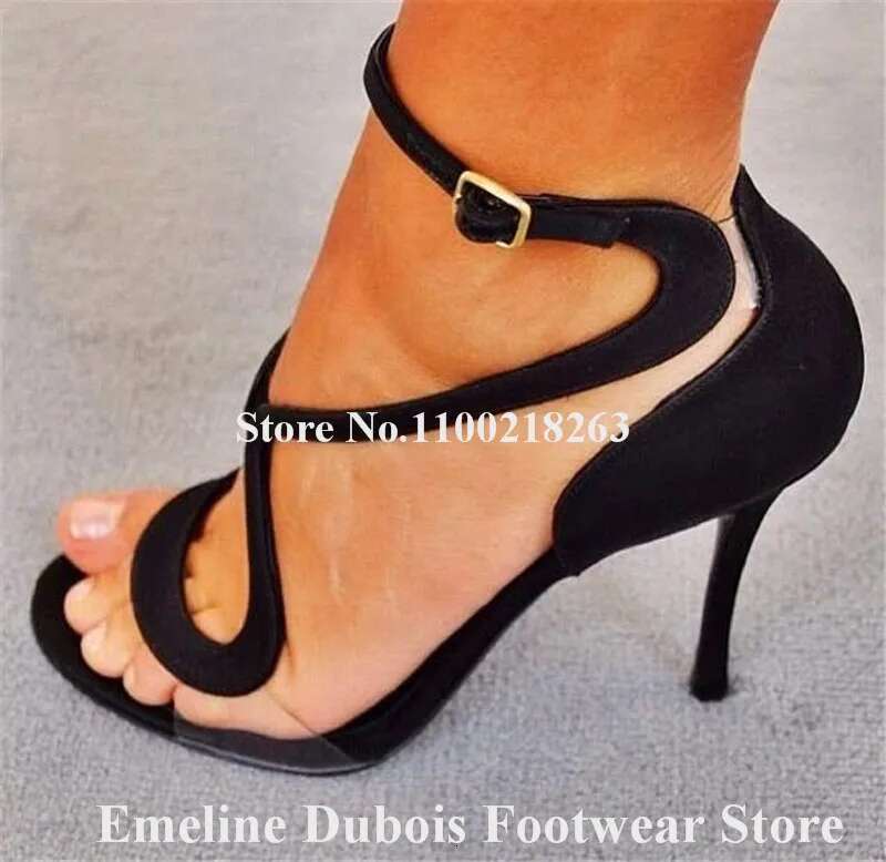 Brand Curved Emee Dubois Open Toe PVC Patchwork Stiletto Heel Gladiator Sandals Ankle Straps High Heels