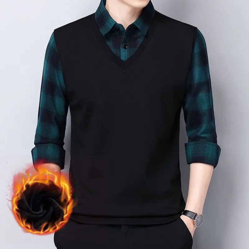 Smart Casual Formal Mens Polo Shirt Two Plaid Street Retro Clothing Spring and Autumn Fashion Long Sleeve Business Top 250326