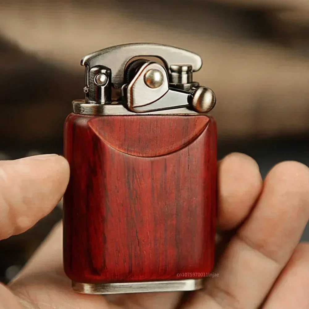 2025 Rosewood Wooden Zorro Rocker Kerosene Lighter Retro Copper Old Nine Doors Creative Mahogany Cigarette Lighter Mens GiftC250326