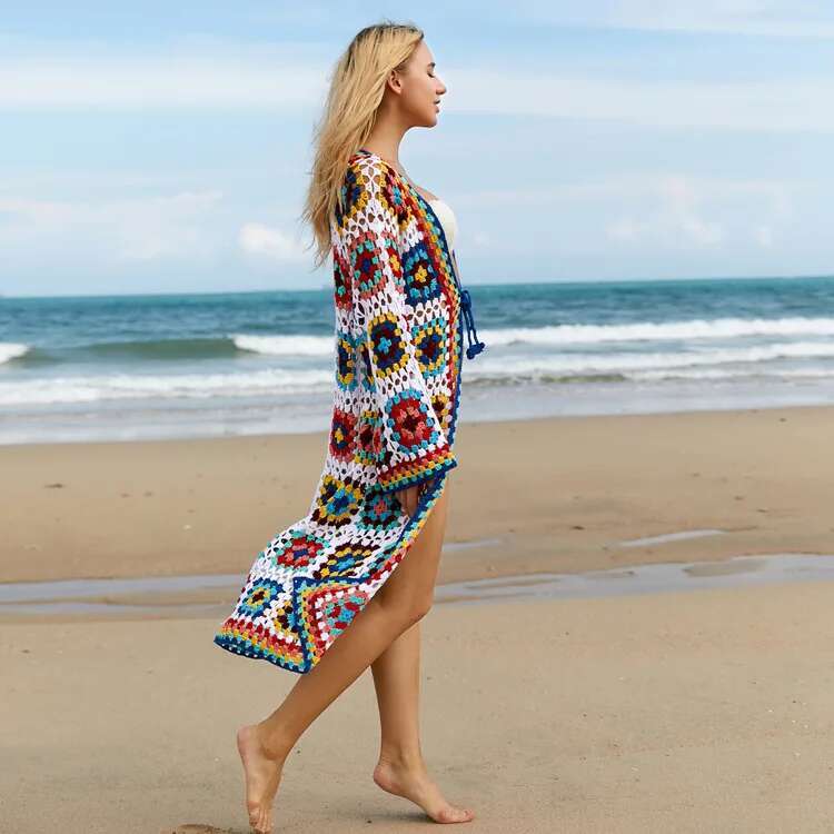 Summer Crochet Bikini Swimwear Cover-Ups Elegant Boho Kimono Dress Tunic Woman Clothes Beach Wear Swim Suit Cover Up Robe