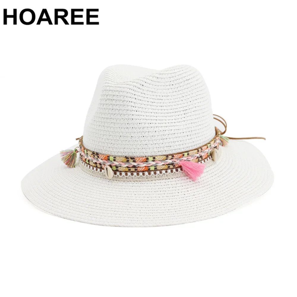 HOAREE Straw Sun Hat White Panama Hat Beach Womens Summer Caps Sombrero Female Fedora Casual Ladies Chapeau 250326