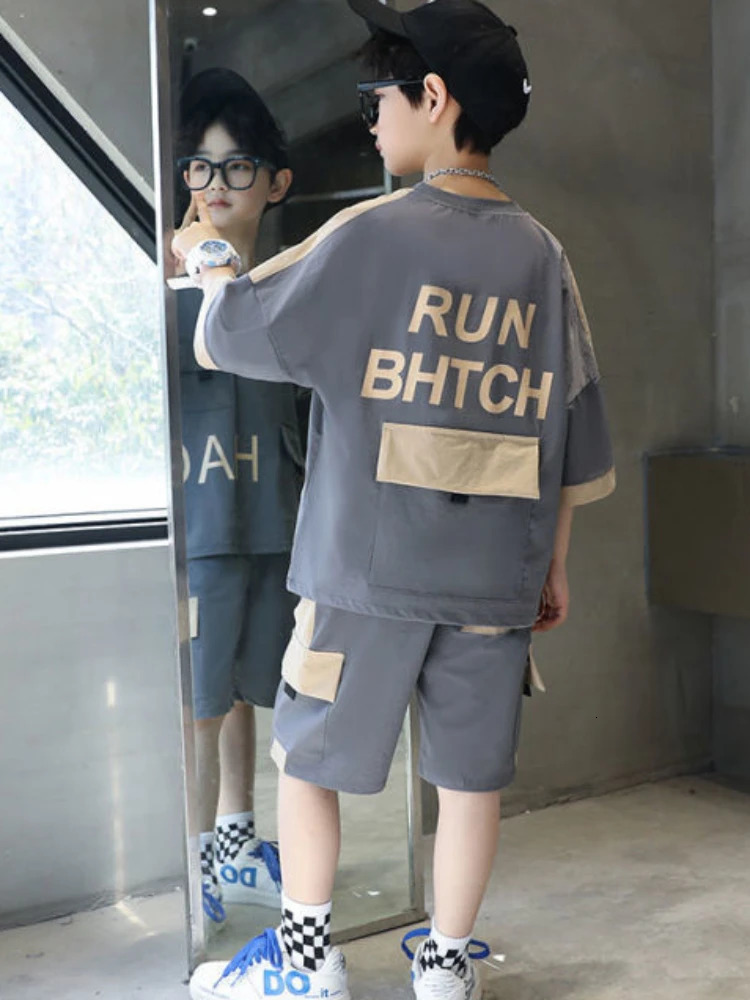 Summer Teenage Boy Short Sleeve Clothes Set Children Letter Print Top and Bottom 2 Pieces Suit Kid T-shirts Shorts Tracksuit 250326