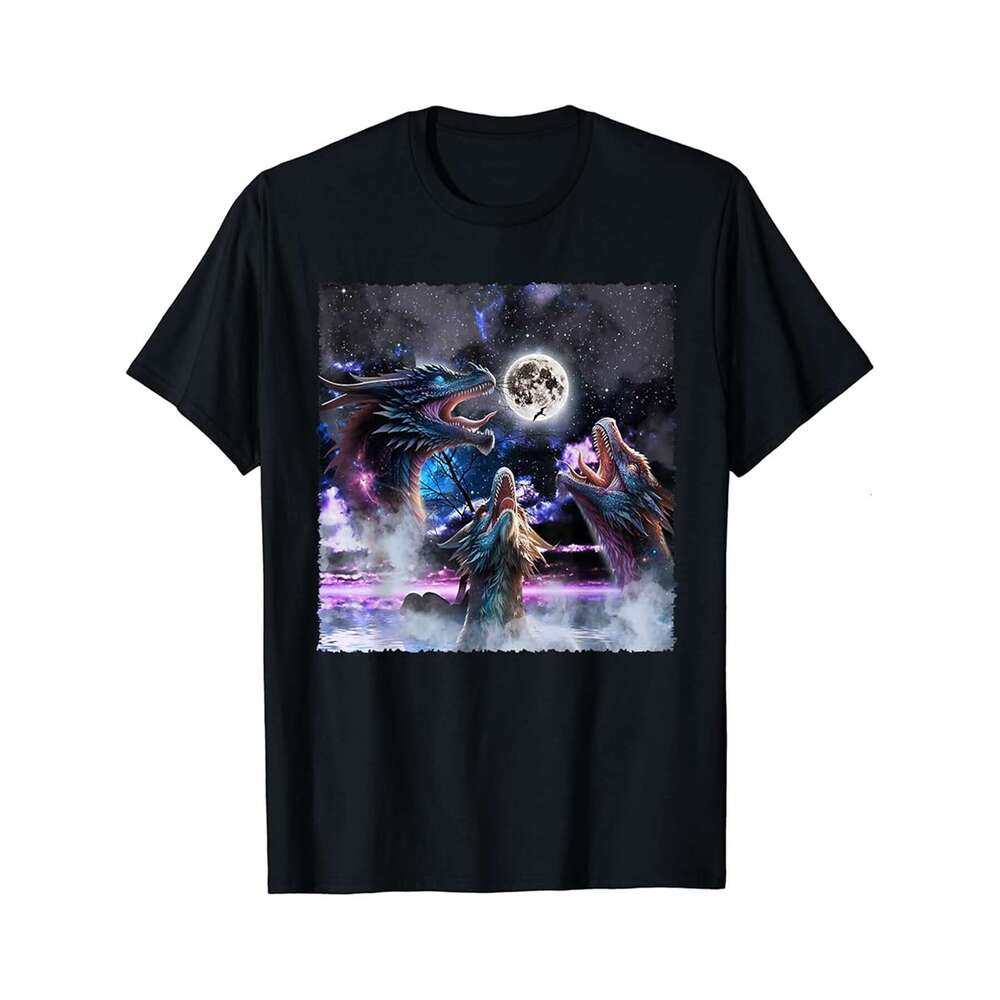 Designer T shirt Three Dragons Howling At The Moon Funny Dragon Starry Night - 220g Tshits