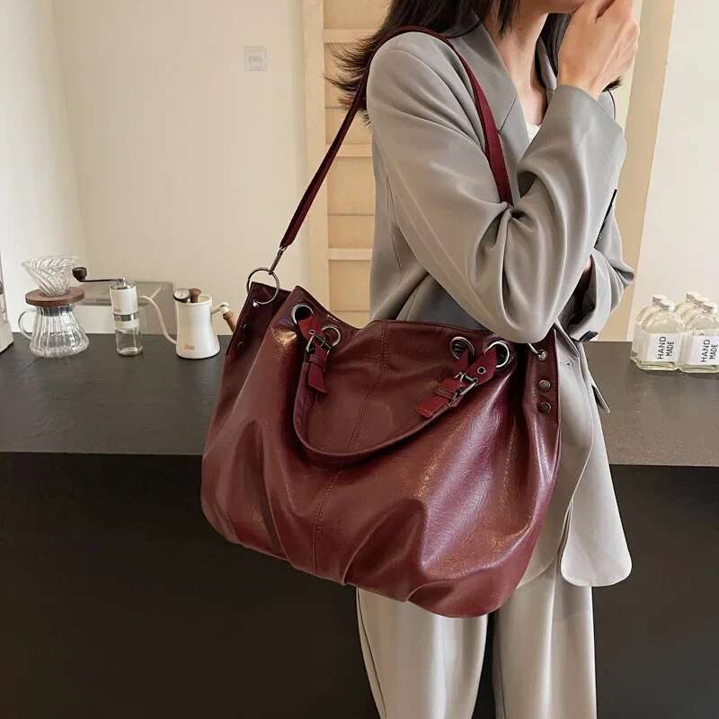 LEFTSIDE Women Korean Fashion Large PU Leather Handbags And Purses Vintage 2024 Winter New Trend Y2k Tote Lady Shoulder Bag