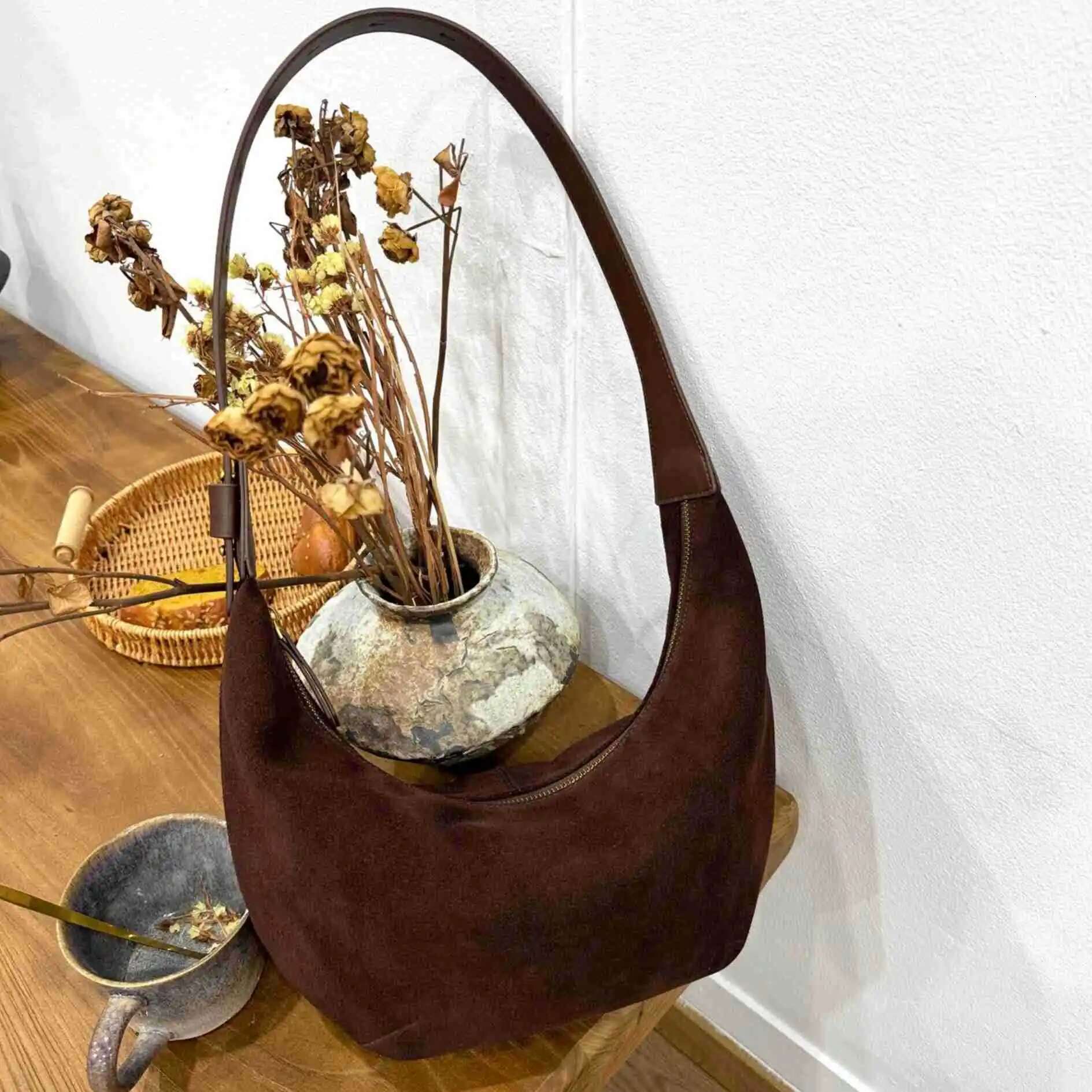 New Autumn Winter Frosted Cowhide Hobo Tote Adjustable Handle Camel Coffee Color Genuine Suede Leather Women Armpit Shoulder Bag