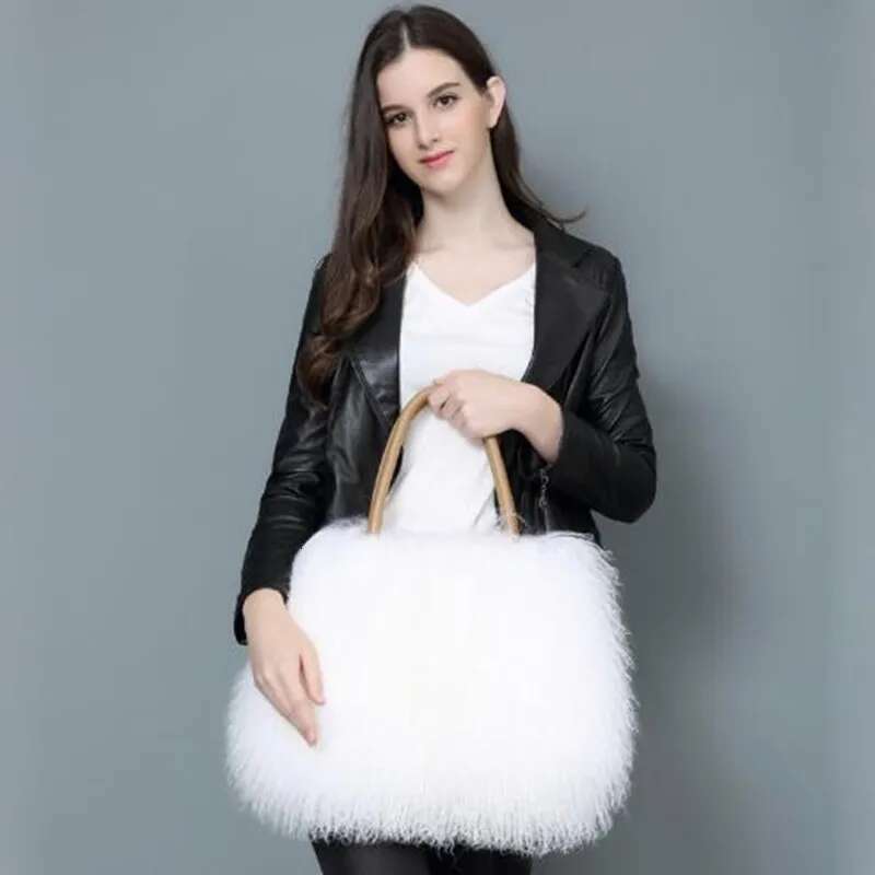 2025 Real Mongolian White Bags Australian Beach Wool Shoulder Ladies Tibet Lamb Fur Wrist Bag Large Capacity