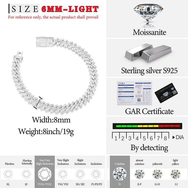TUHE Unisex VVS1 D Color Moissanite 6mm Cuban Chain Bracelet S925 Silver For Men Hip Hop Jewelry