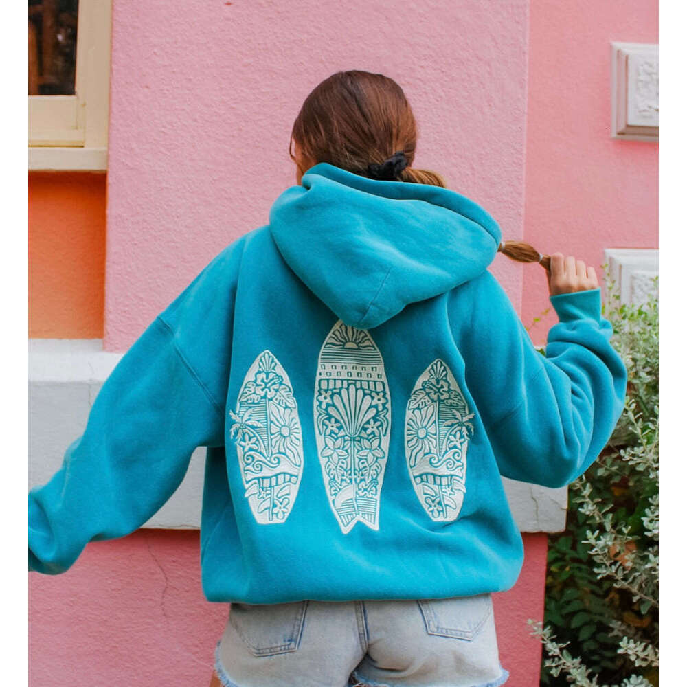 Fashionable and casual surfboard embroidered with plush thick women's hoodie