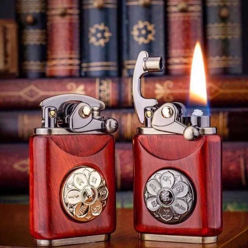2025 Rosewood Wooden Zorro Rocker Kerosene Lighter Retro Copper Old Nine Doors Creative Mahogany Cigarette Lighter Mens GiftC250326