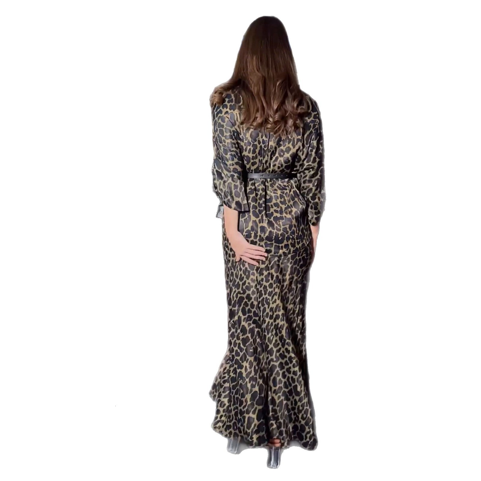 2025 new fashionable temperament plus leopard print long sleeved shirt and skirt set