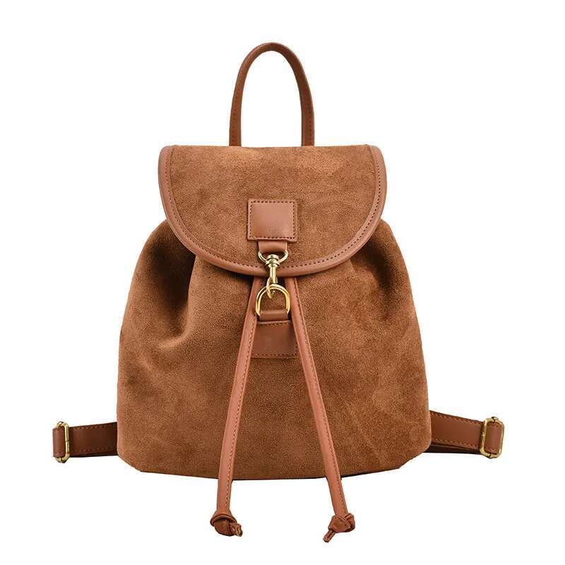 Fashion Students Suede 2023 Vintage Women Veet Leather Backpack Portable Drawstring Handbag
