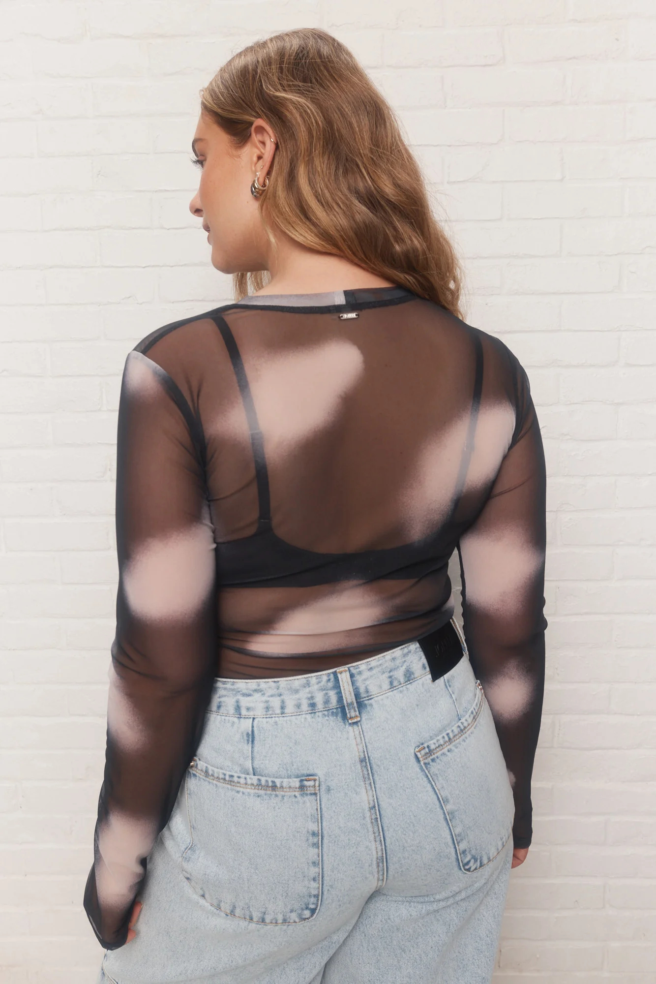 Women's Black Sheer Tie-dye Print Mesh Top Niche Fashion Round Neck Long Sleeves Breathable Tees