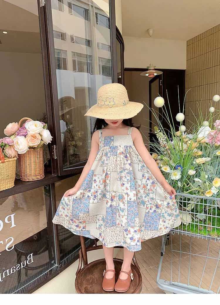 Girls casual dress with floral print and plain patch work sleeveless dress childrens clothing for girls aged 3 to 7 childrens clothing for girls W2503