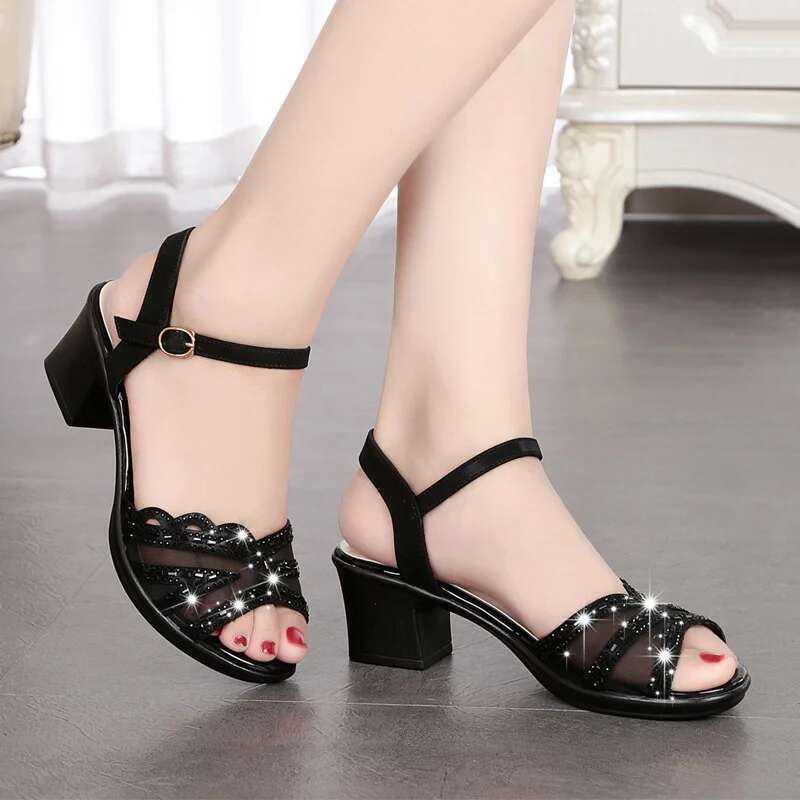 2025 Summer New Open toed Women's Designer Fashion Thick Heel Shoes with Mesh Black Party Buckle Fish Mouth Elegant Sandals