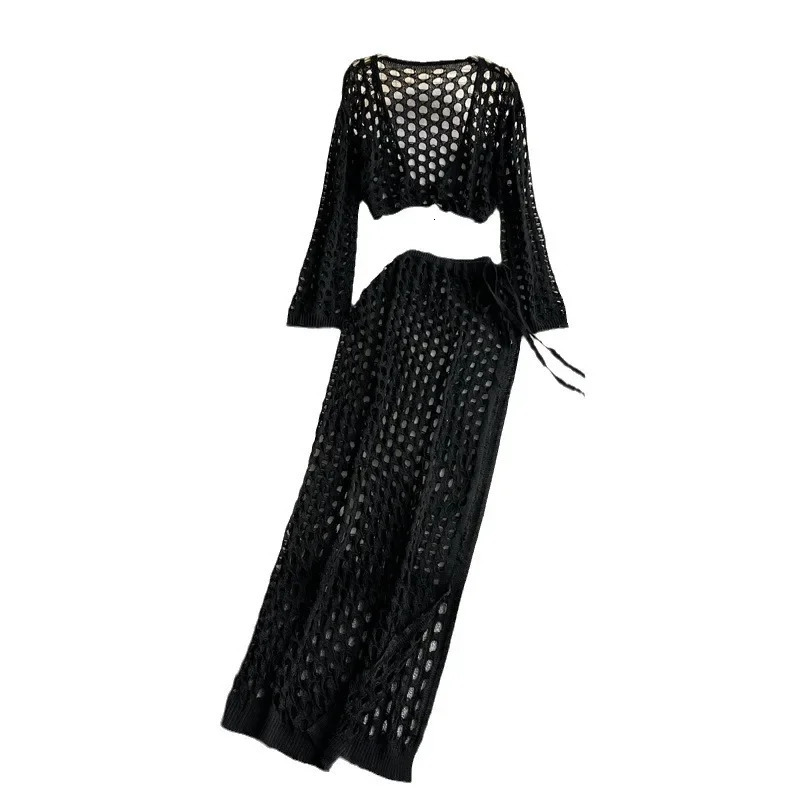 Beach Sexy Knitted Bikini Swimwear Cover up Sun Protection Set Womens Pure Color Beachwear Ensemble Fashionable Chinese 250324