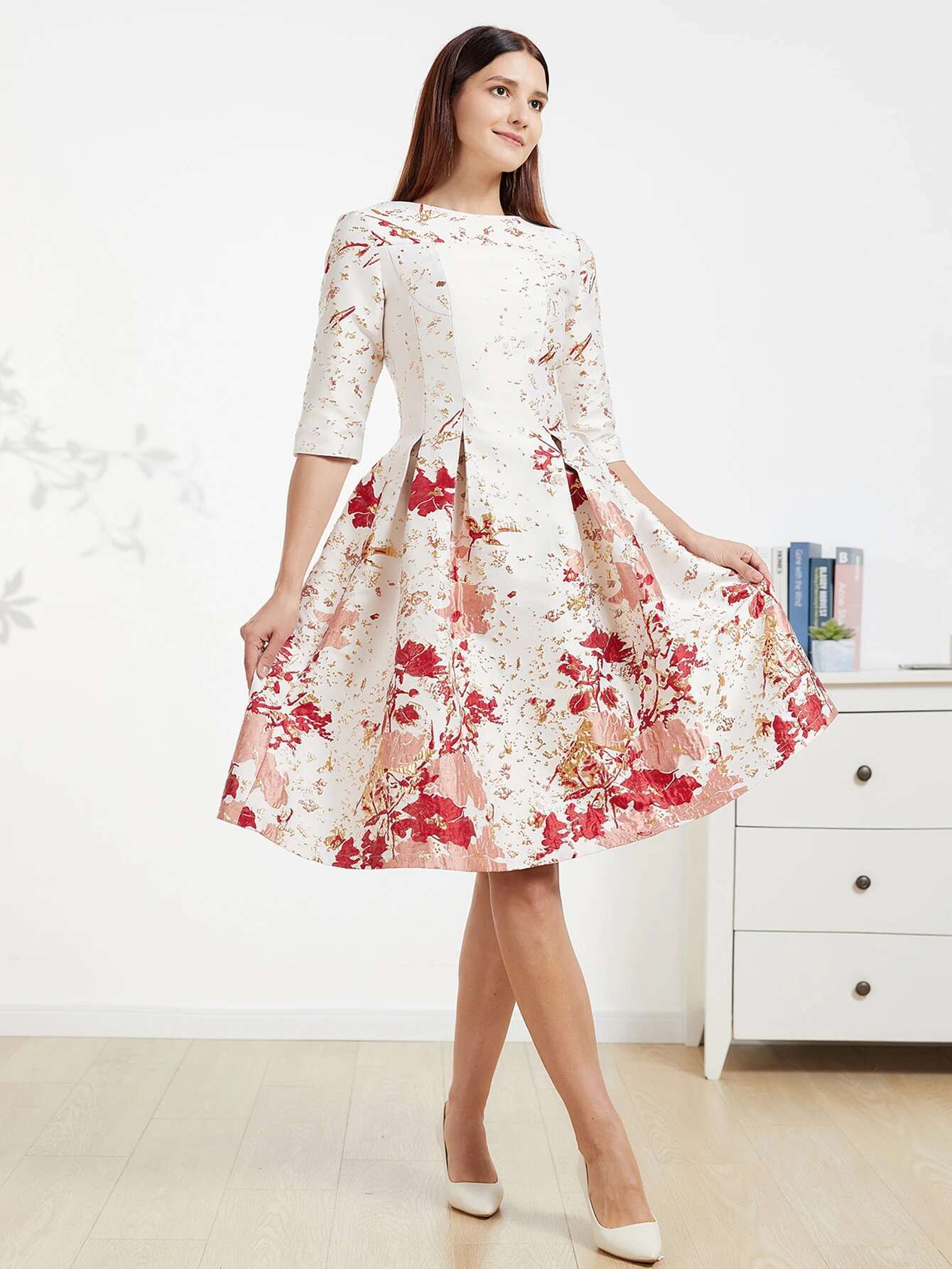 DEVCHATA New Spring Women Mid-long Jacquard ral Party Dress O-neck Ladies Fashion Formal Vestidos